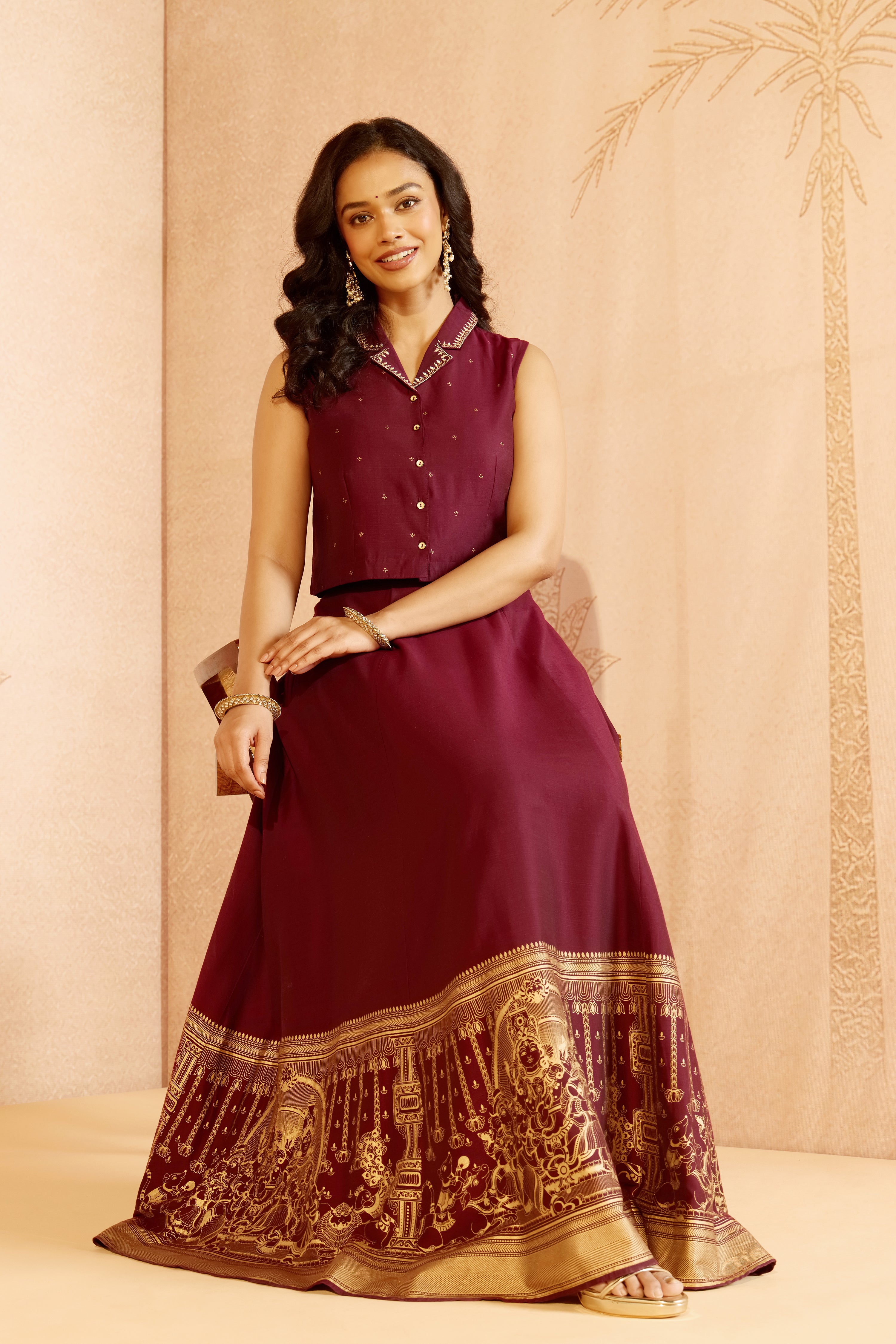 Wine Mural Print Raw Silk Skirt Set