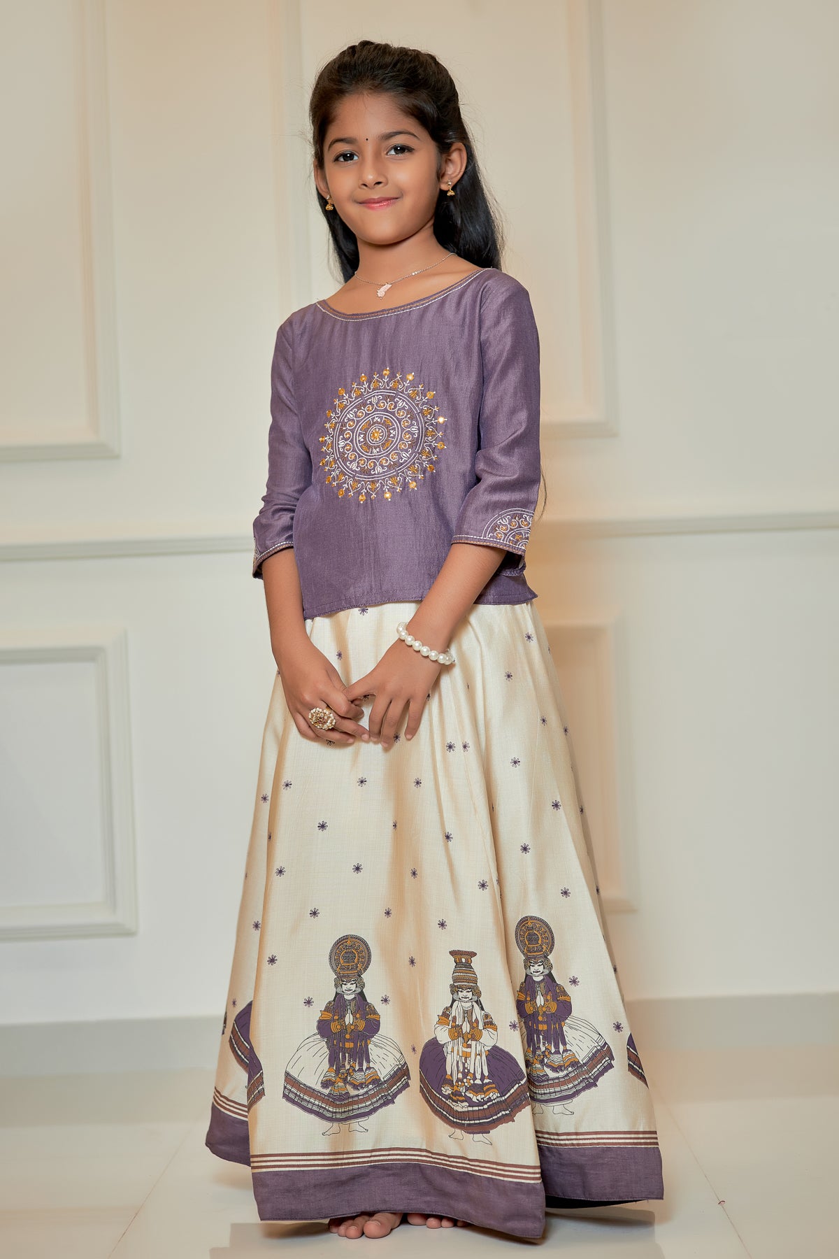 Mandala Placement Embroidered Top Kathakali Motif Printed Skirt Set Purple Off White