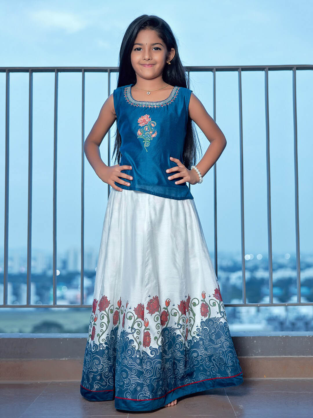 Contrast Floral Motif Placement Embroidered Top &  Printed Skirt Set - Blue & Off-White