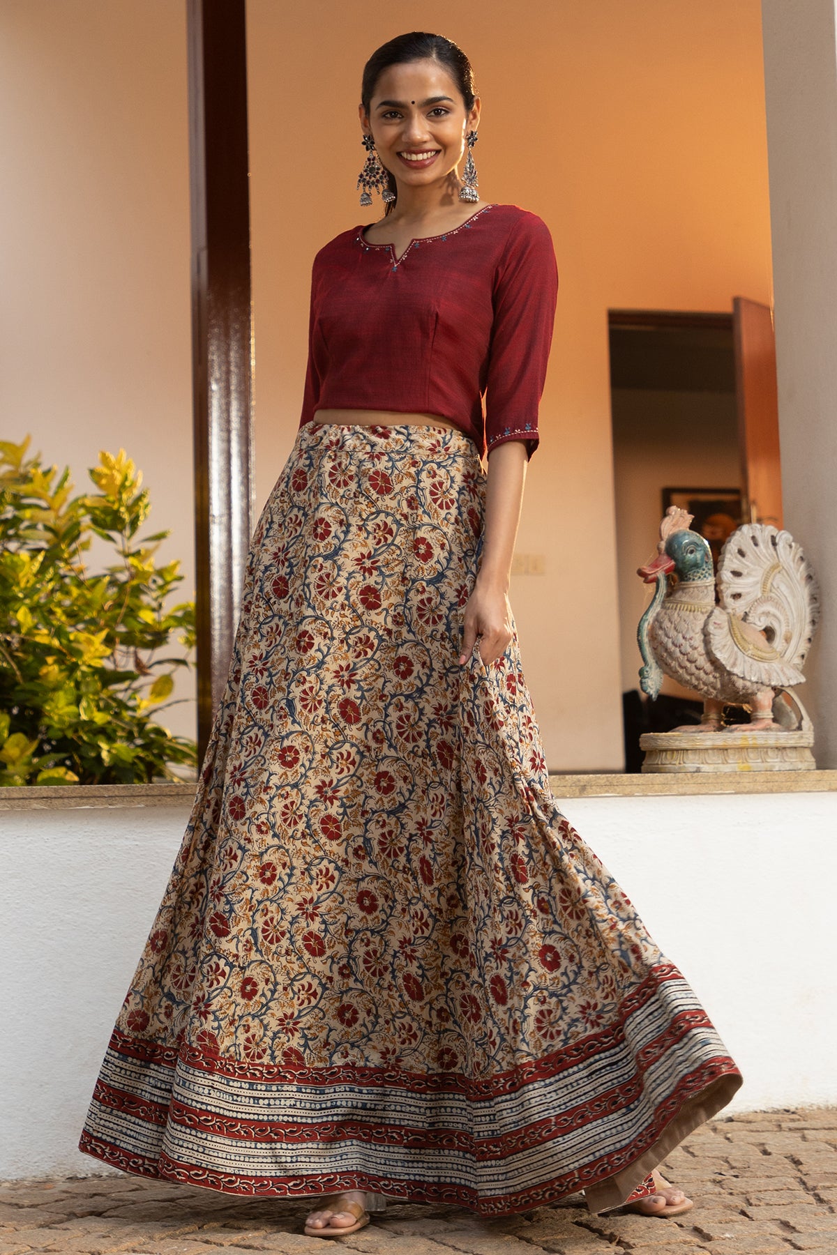 Kalamkari Skirtset with Solid Top with Embroidered Neckline Maroon Beige