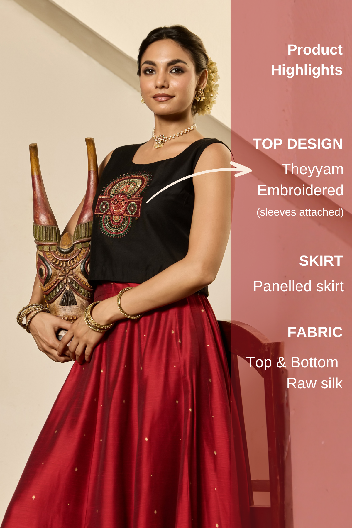 Black Theyyam Embroidered Crop Top & panelled Skirt Set