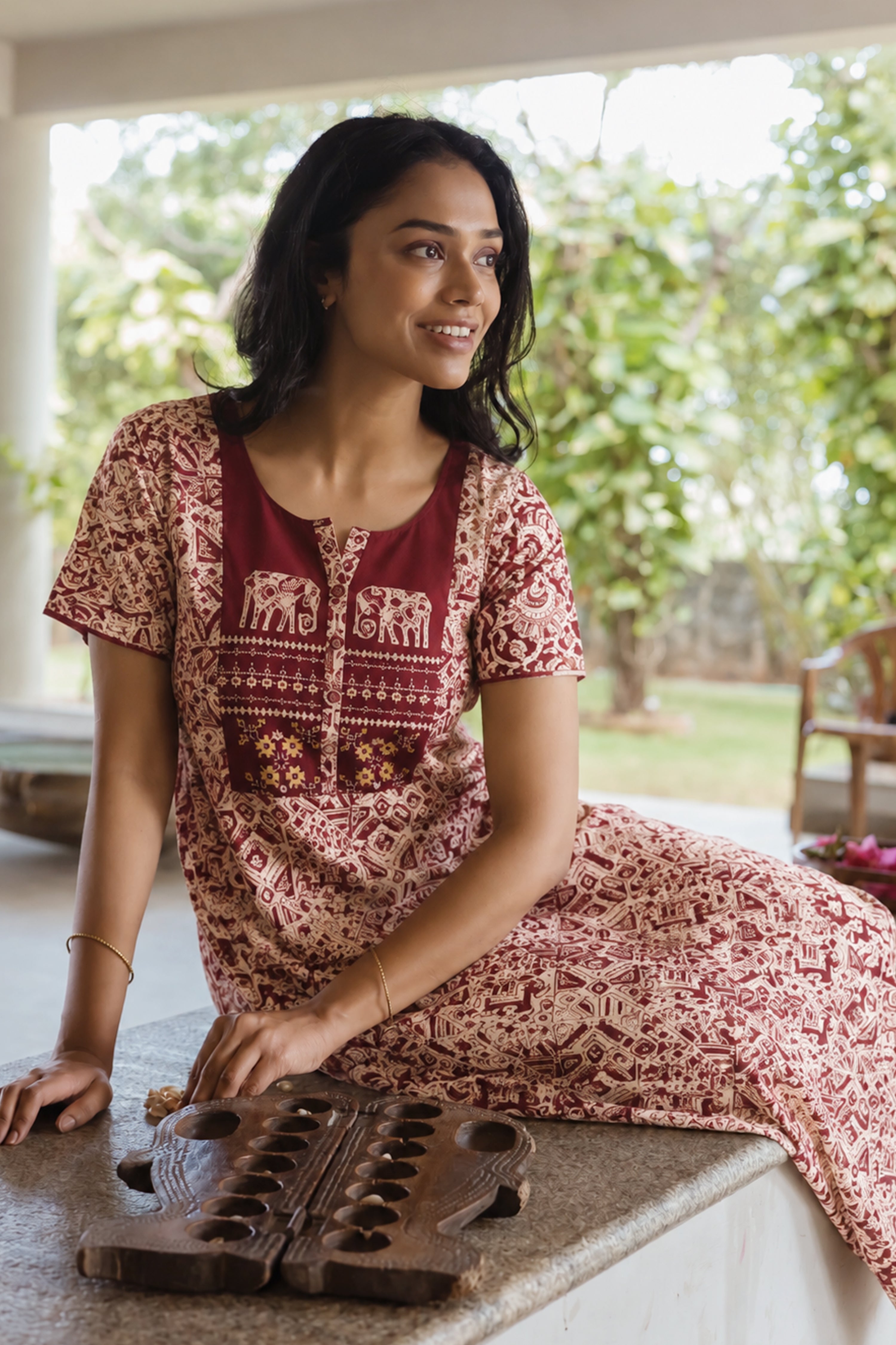 Maroon Kalamkari Cotton Nightwear