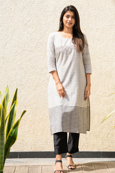 Floral Embroidered With Strips Printed Kurta Grey