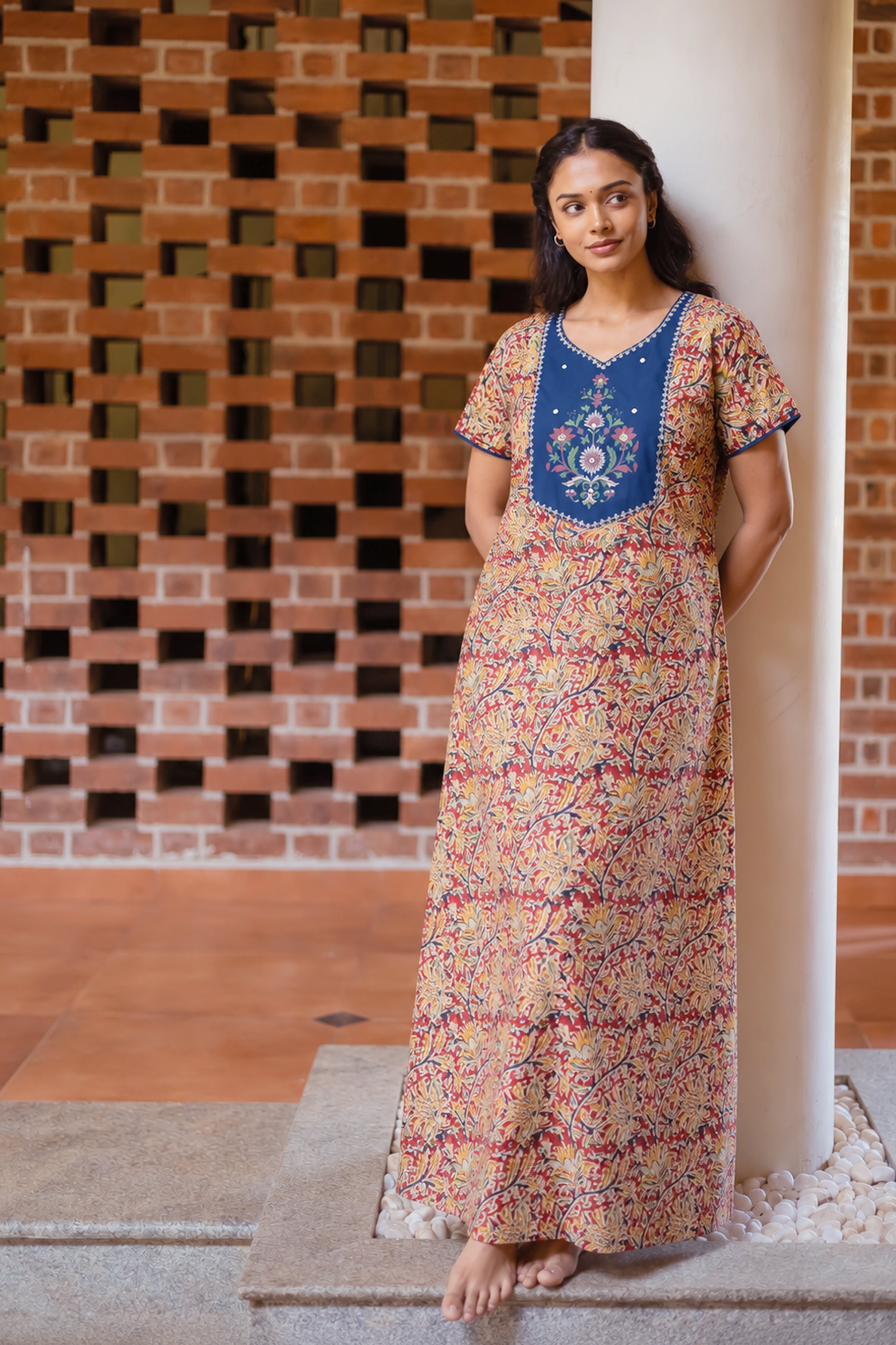 Maroon Kalamkari Cotton Nightwear