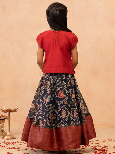 Contrast Geometric Embroidered With Foil Mirror Work Top All Over Yazhi Printed Skirt Set Navy Red