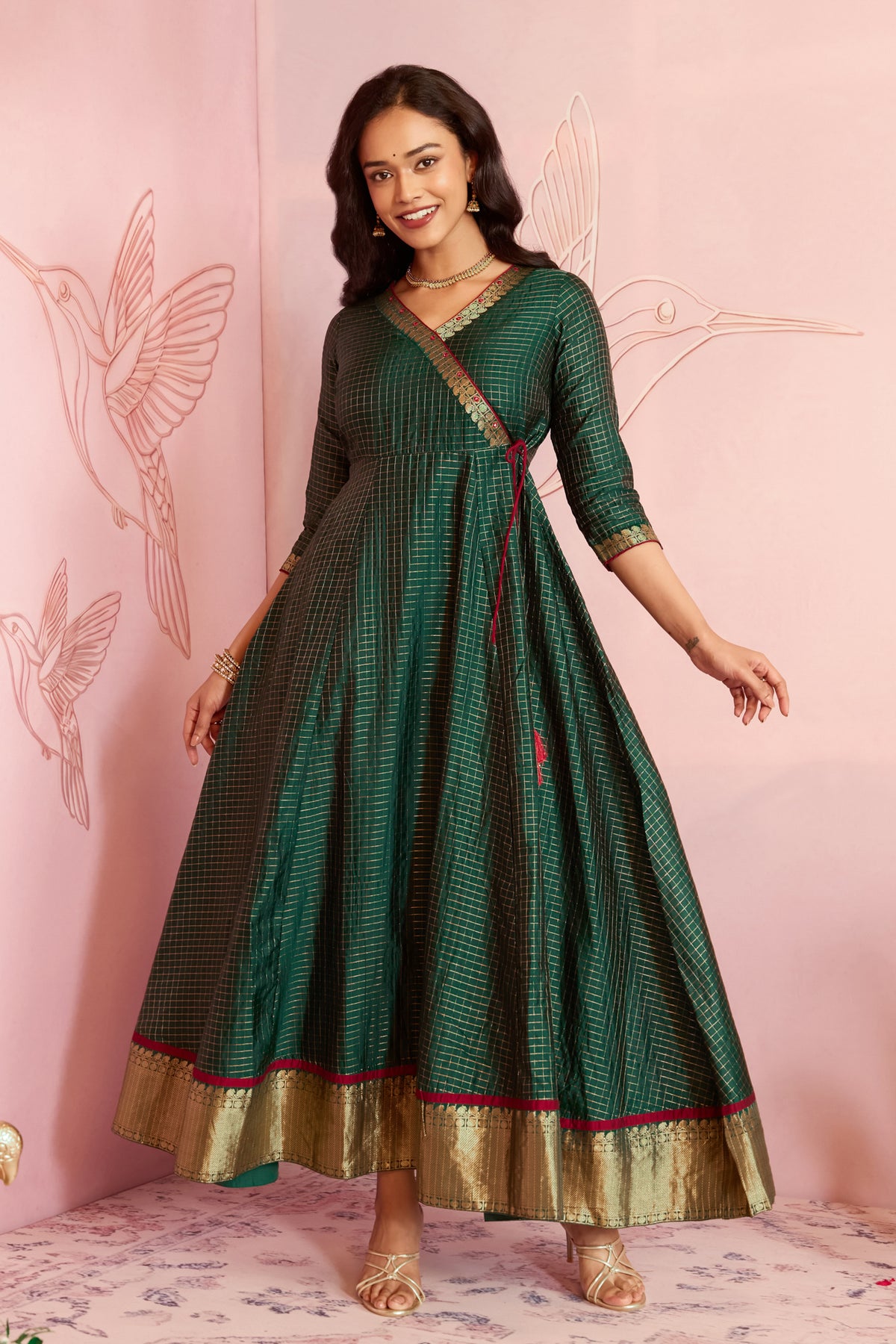 Green Checks With Wrap Tie-Up A-line Anarkali