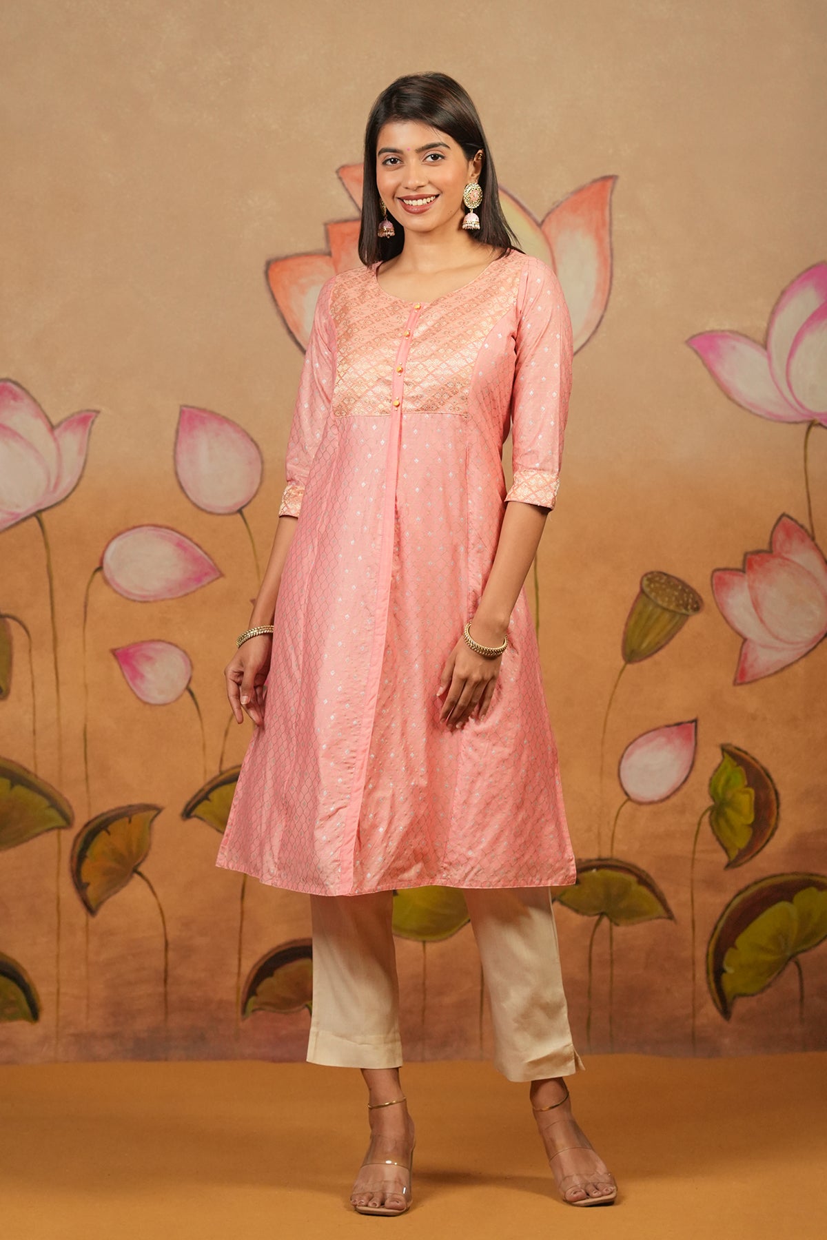 Jaali Printed With Brocade Yoke Kurta Pink