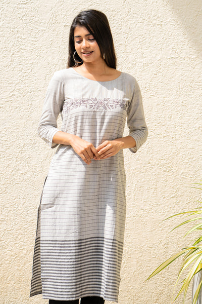 Floral Embroidered With Strips Printed Kurta Grey
