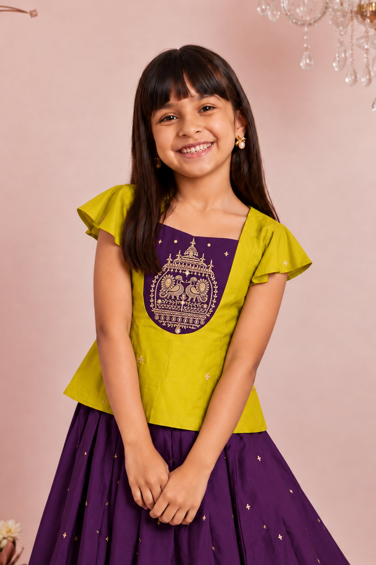 Purple & Yellow Peacock Embroidered Kids Skirt Set