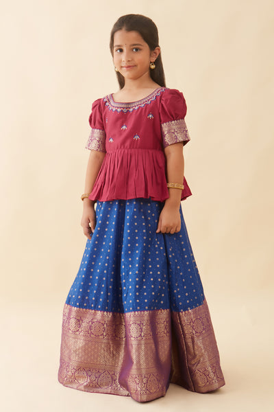 Jewel Inspired Embroidered Neckline Top Floral Printed With Zari Border Kids Skirt Set Pink Blue