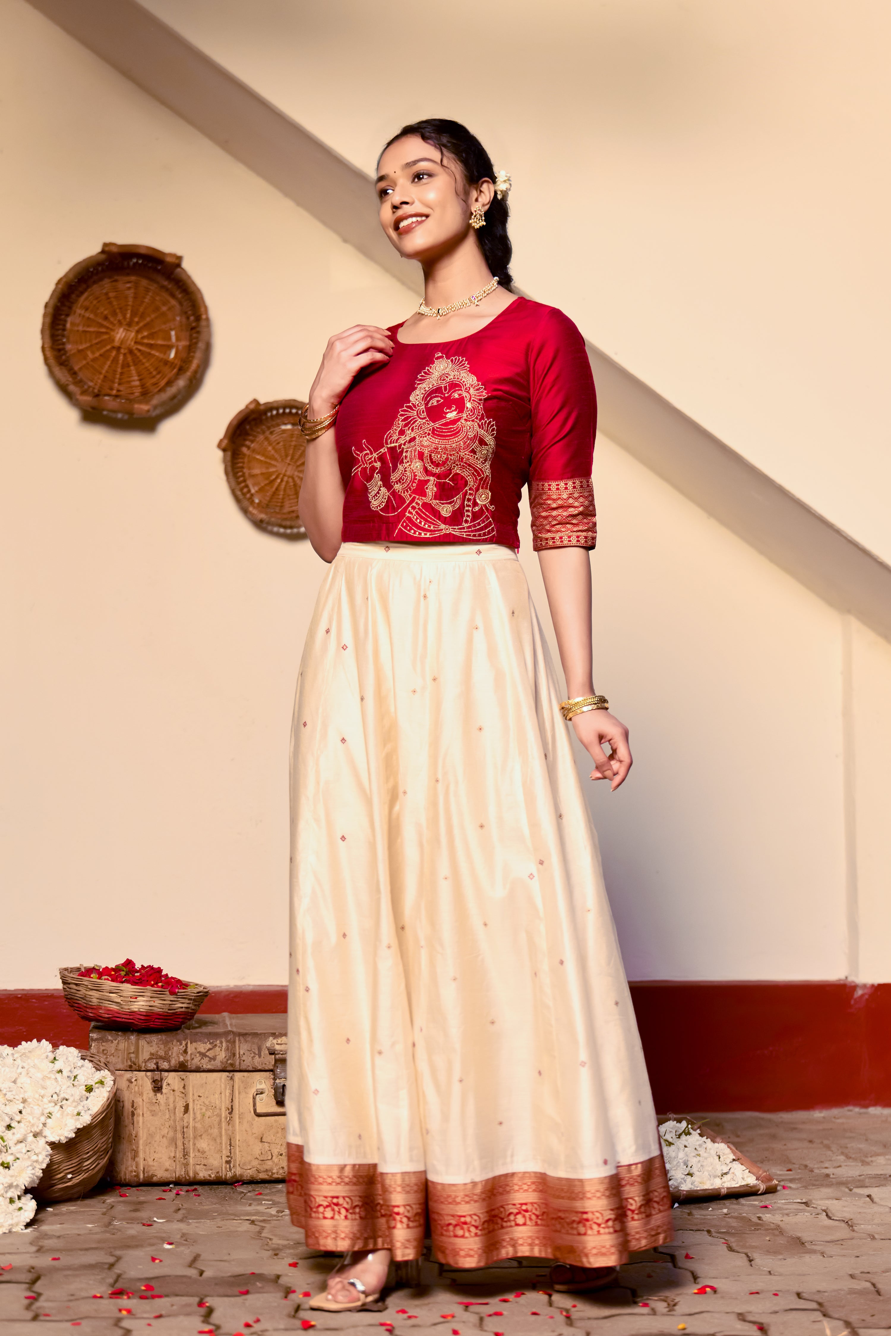 Red Mural Embroidered Crop Top & Panelled Skirt Set