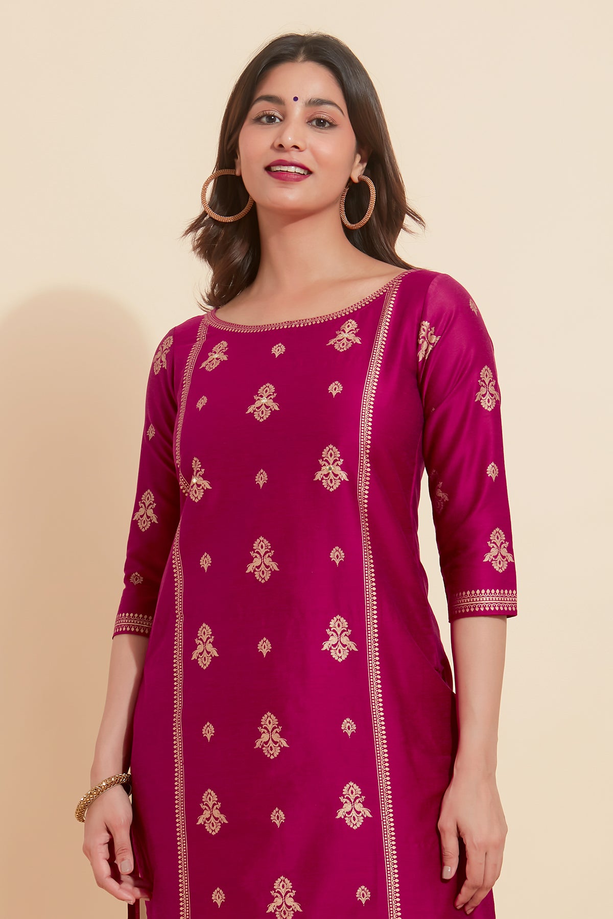 All Over Peacock Motif Printed With Foil Mirror Embellished Kurta - Magenta