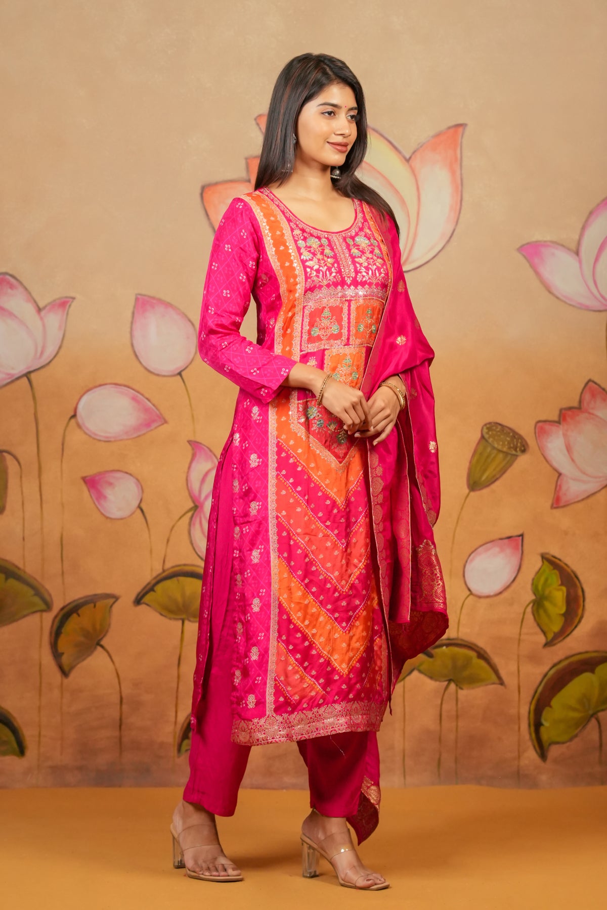 Zari Bandhini With Rich Bead Embroidered Kurta Set With Brocade Dupatta - Pink