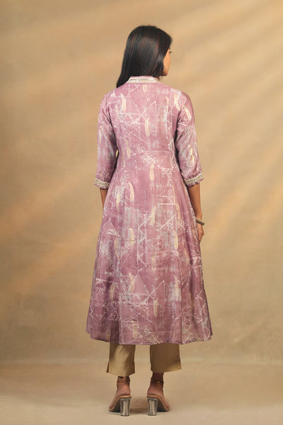 Allover Feather Printed Kurtaset With Sequins Embellished Dupatta Purple Beige