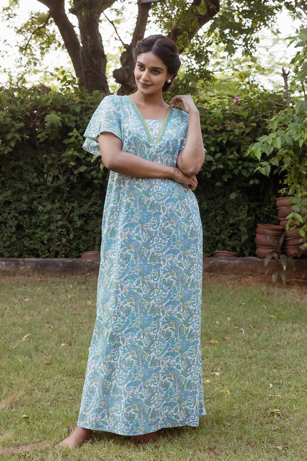 Paisley Printed Pastel Turquoise Nighty with Bell Sleeve