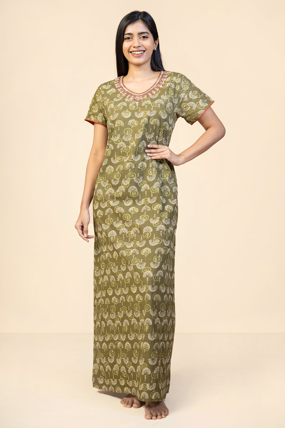 All Over Block Printed With Floral Embroidered Nighty - Green
