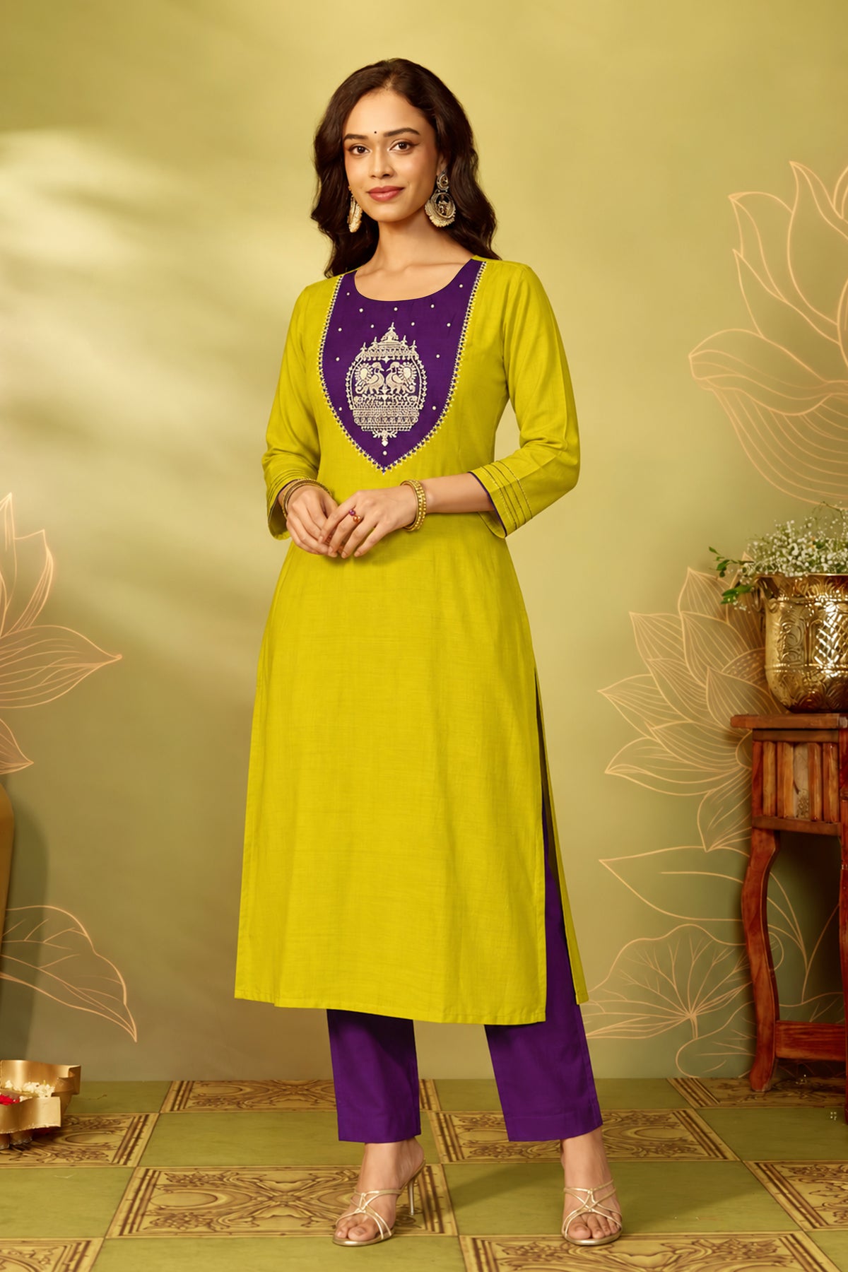 Mustard Green Peacock Embroidery Straight Festive Kurta