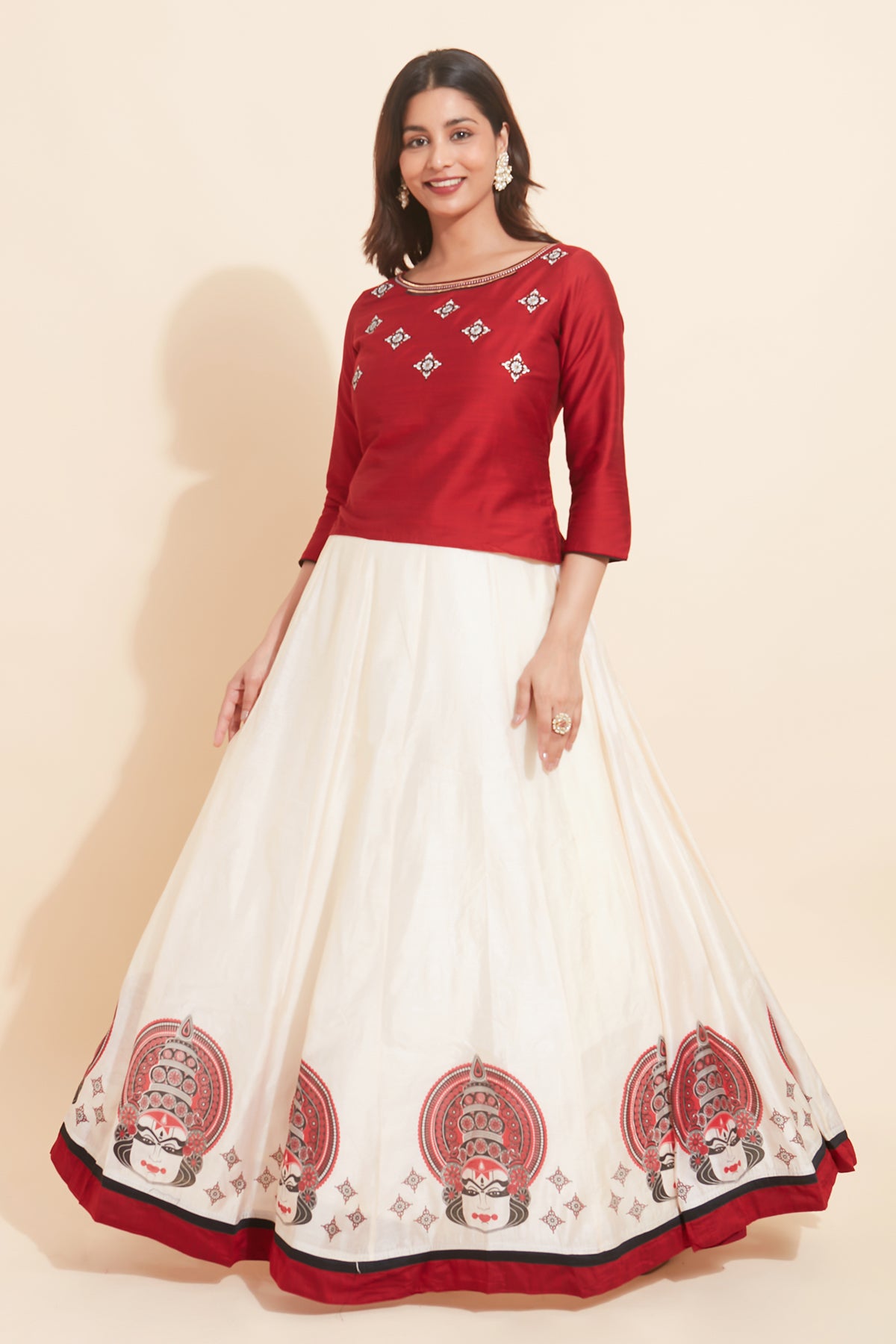 Geometric Embroidered Top With Contemporary Kathakali Printed Skirt Set Red White
