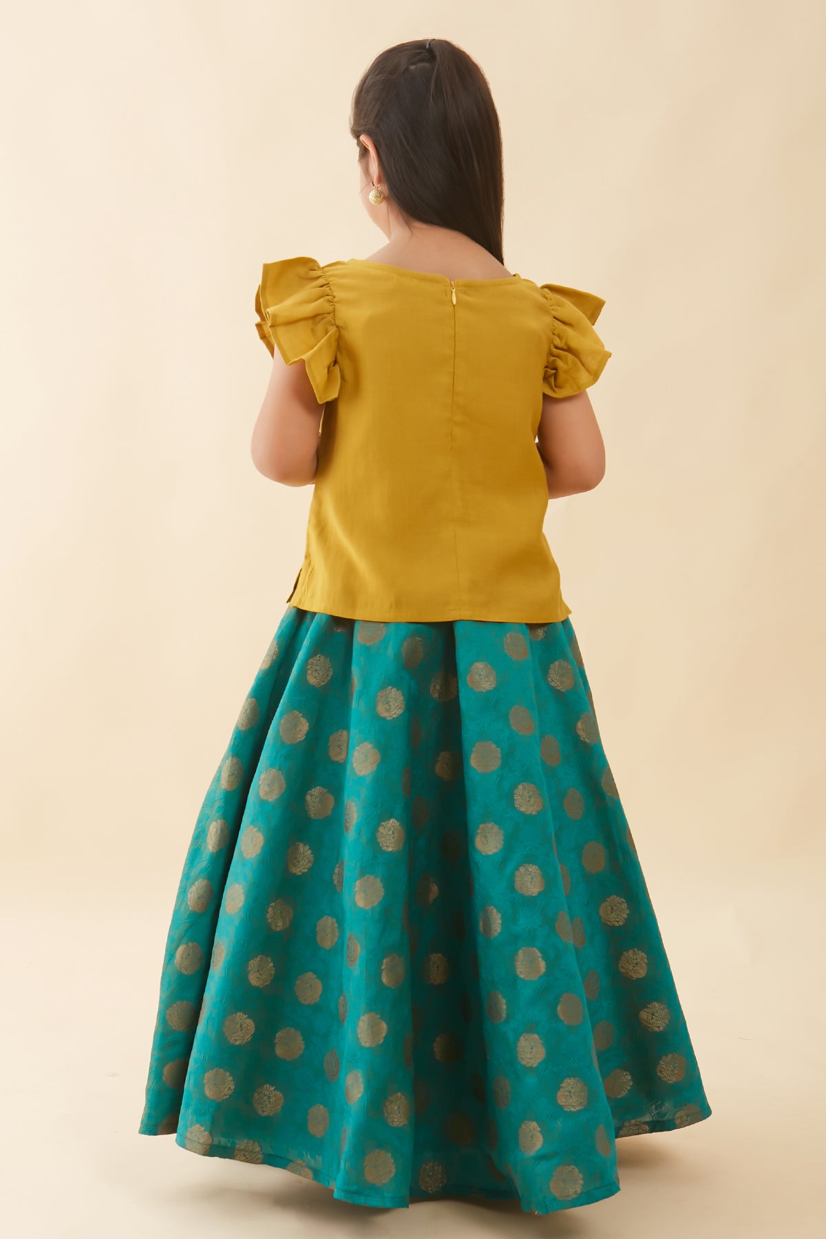 Brocade Skirt With Contrast Floral Embroidered Kids Skirt Set Mustard Green