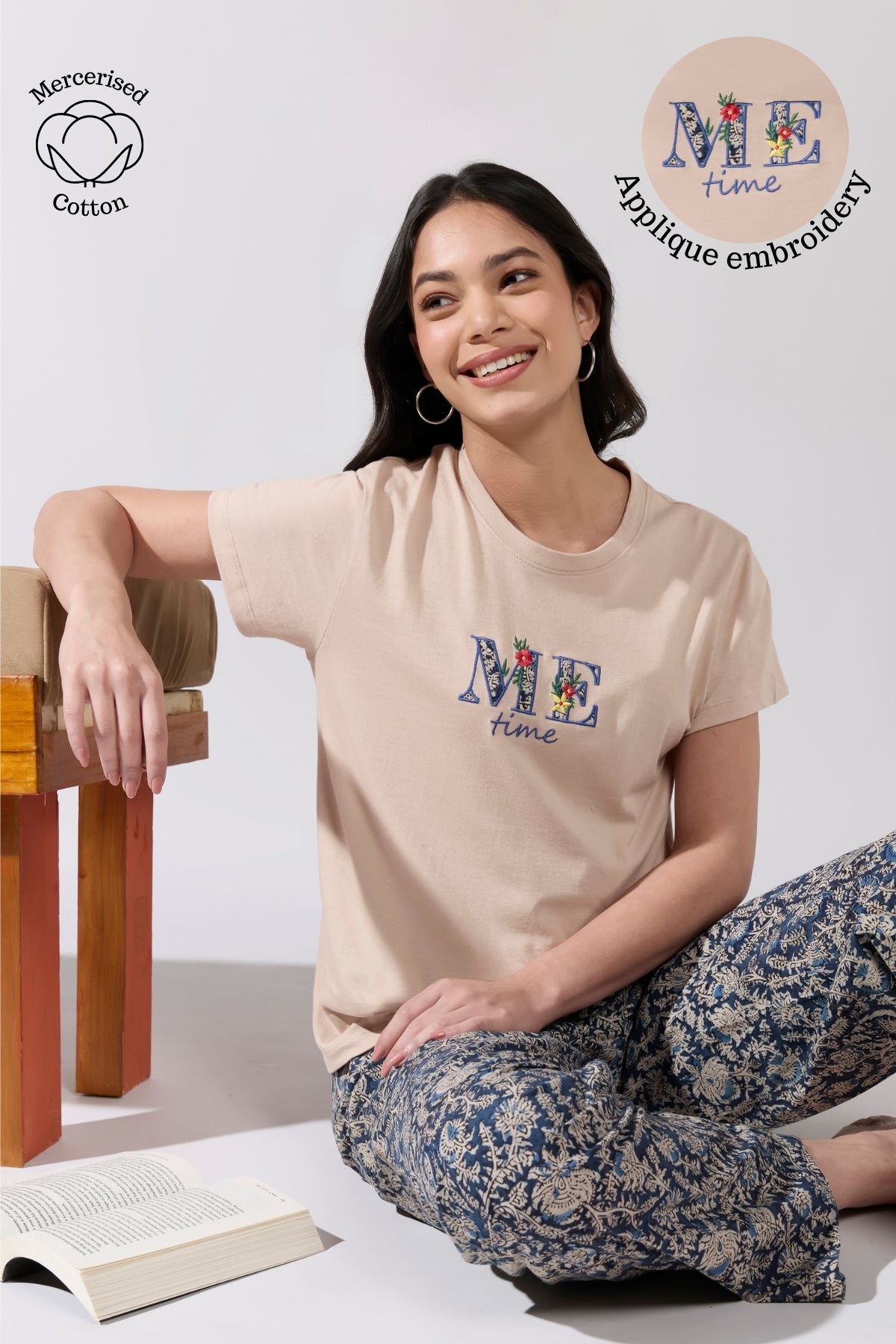 Beige & Blue Kalamkari Cotton Pyjama Set with Me-Time Printed T-Shirt