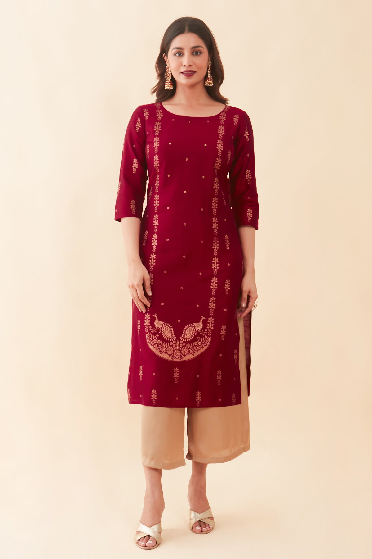 All Over Floral Printed With Stone Embellished Kurta Maroon