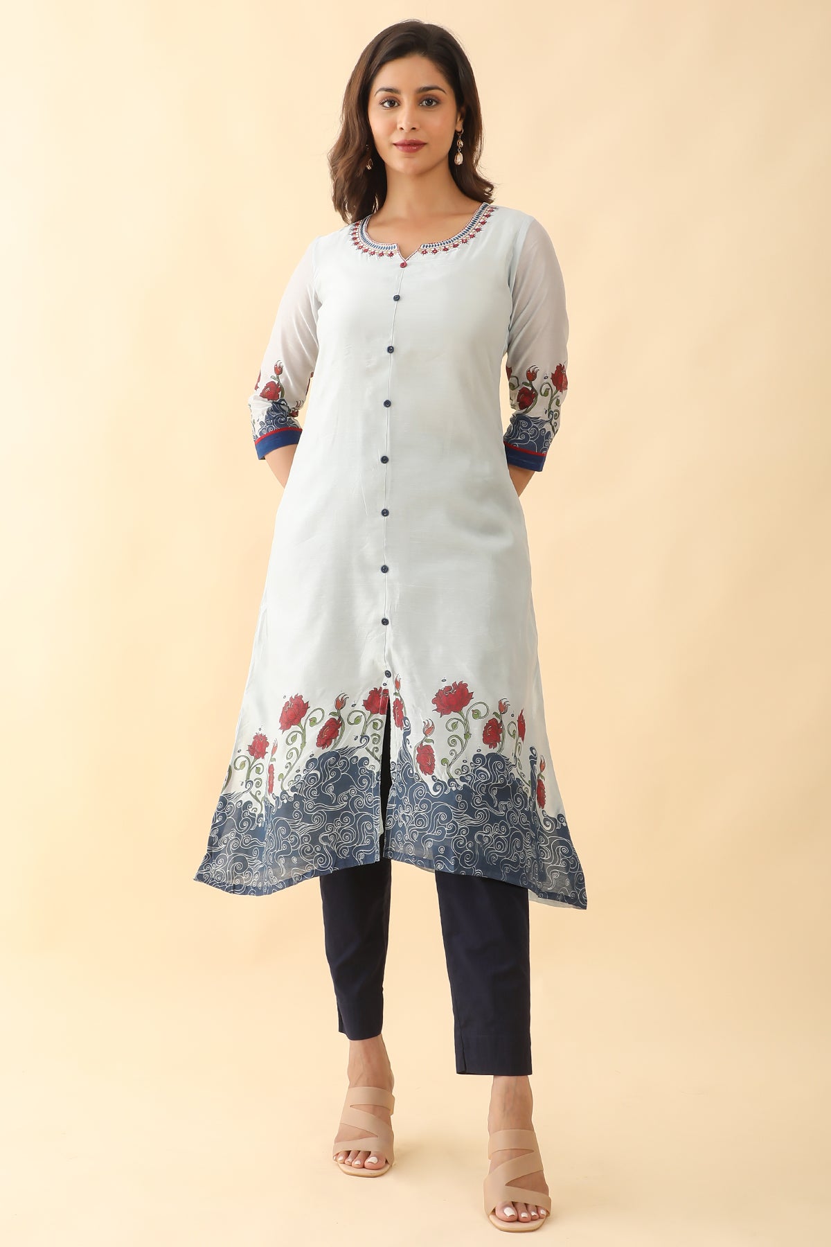 Contrast Floral Printed With Neck Embroidered Kurta Blue