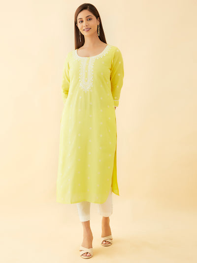 Foil Mirror Embellished With Geometric Embroidery Dobby Weave Kurta Yellow