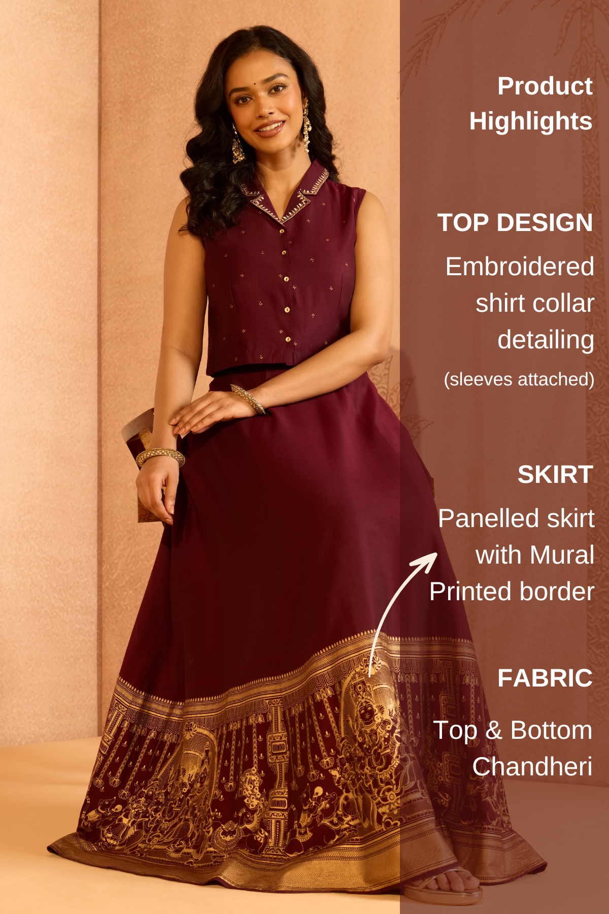 Wine Mural Print Raw Silk Skirt Set