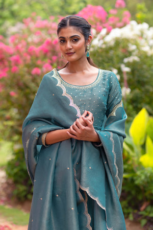 Sequence Embroidered Anarkali with Scallop Dupatta - Metallic Blue