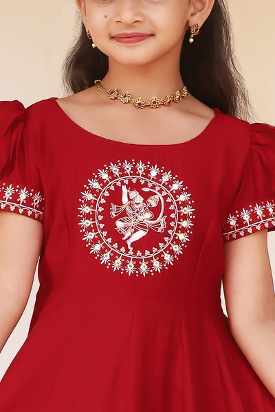 Hanuman Motif Embroidered With Foil Mirror Embellished Kids Anarkali Red