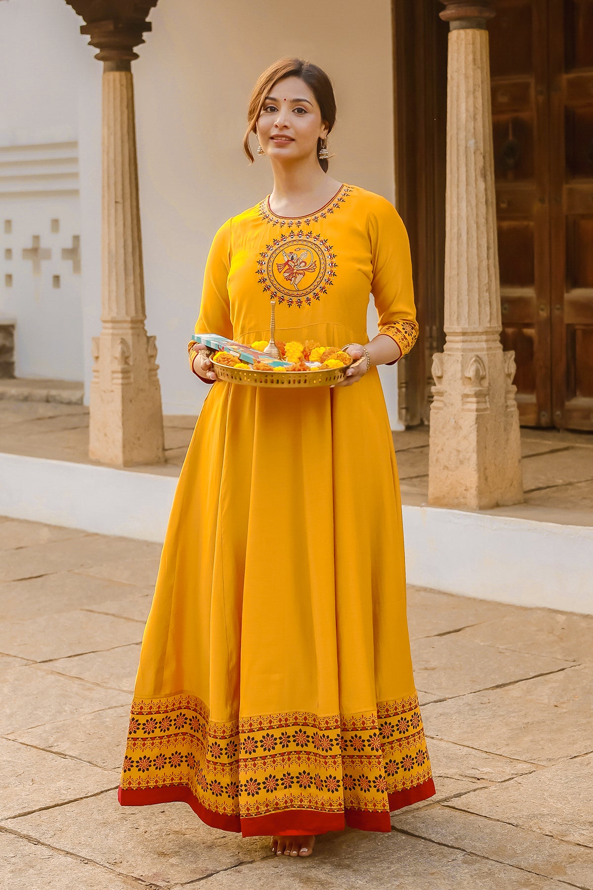Hanuman Motif Embroidered With Foil Mirror Embellished Anarkali Yellow