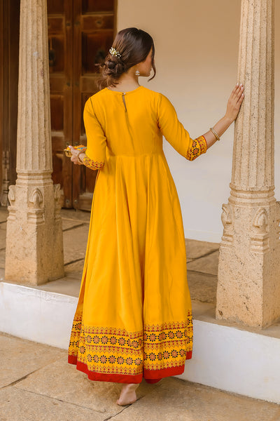 Hanuman Motif Embroidered With Foil Mirror Embellished Anarkali Yellow