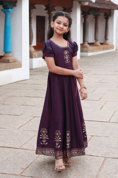 Jewel Inspired Neckline With Contemporary Peacock Motif Printed kids Anarkali Violet