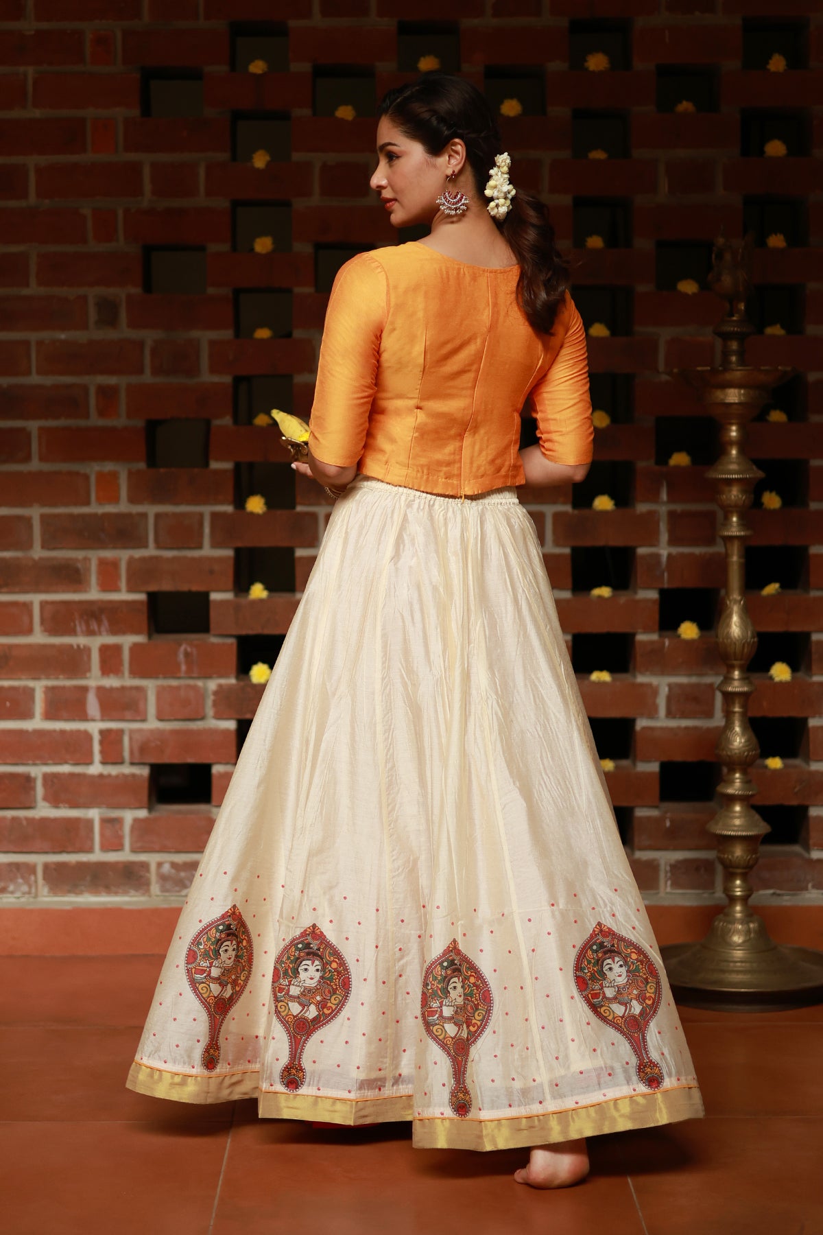 Valkannadi Printed Skirtset with Krishna Peedam Printed Top Mustard Off White