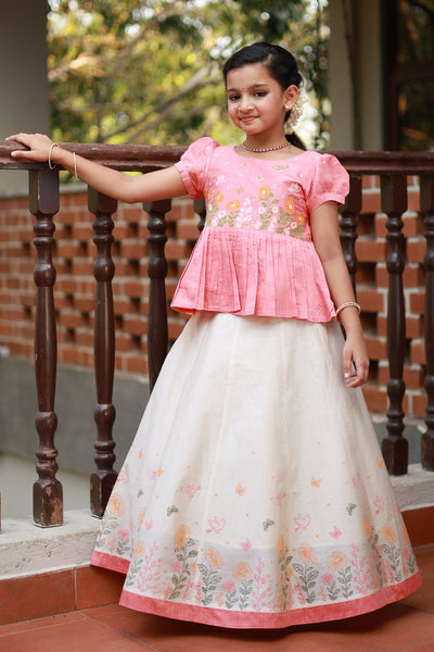 Whimsical Garden Embroidered Peplum Top with Printed Kids Skirtset Peach Off White