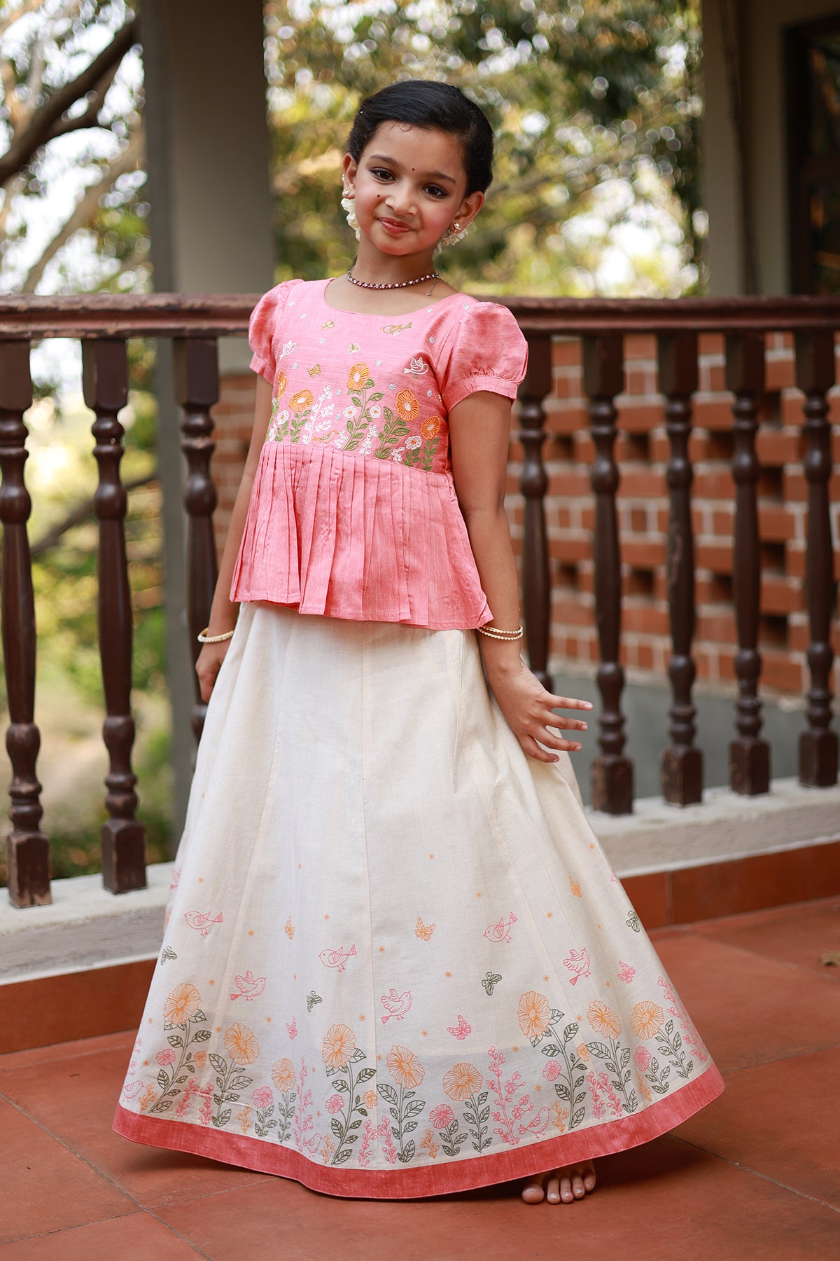 Whimsical Garden Embroidered Peplum Top with Printed Kids Skirtset Peach Off White
