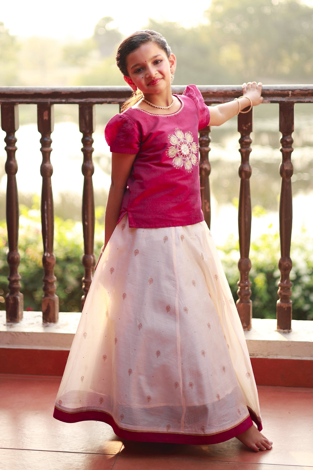 Mayilpeeli Embroidered Top with Printed Kids Skirt set Magenta Off White