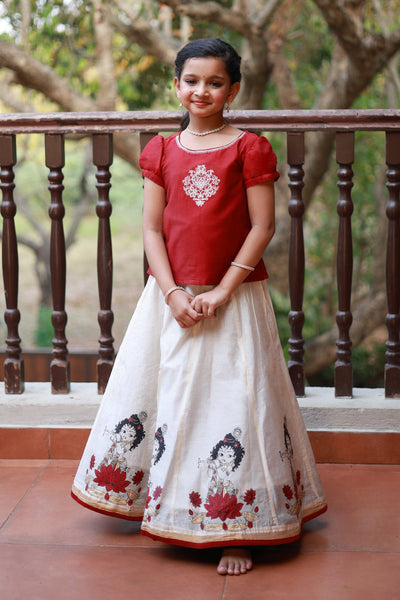 Muralidhara Krishna Mural Printed Kids Skirtsets Red Off White