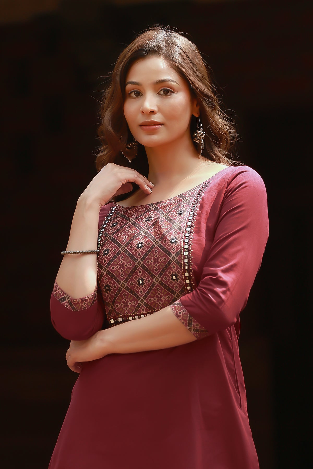 Ajrak Printed Yoke With Geometric Embroidered Foil Mirror Embellished Kurta Maroon