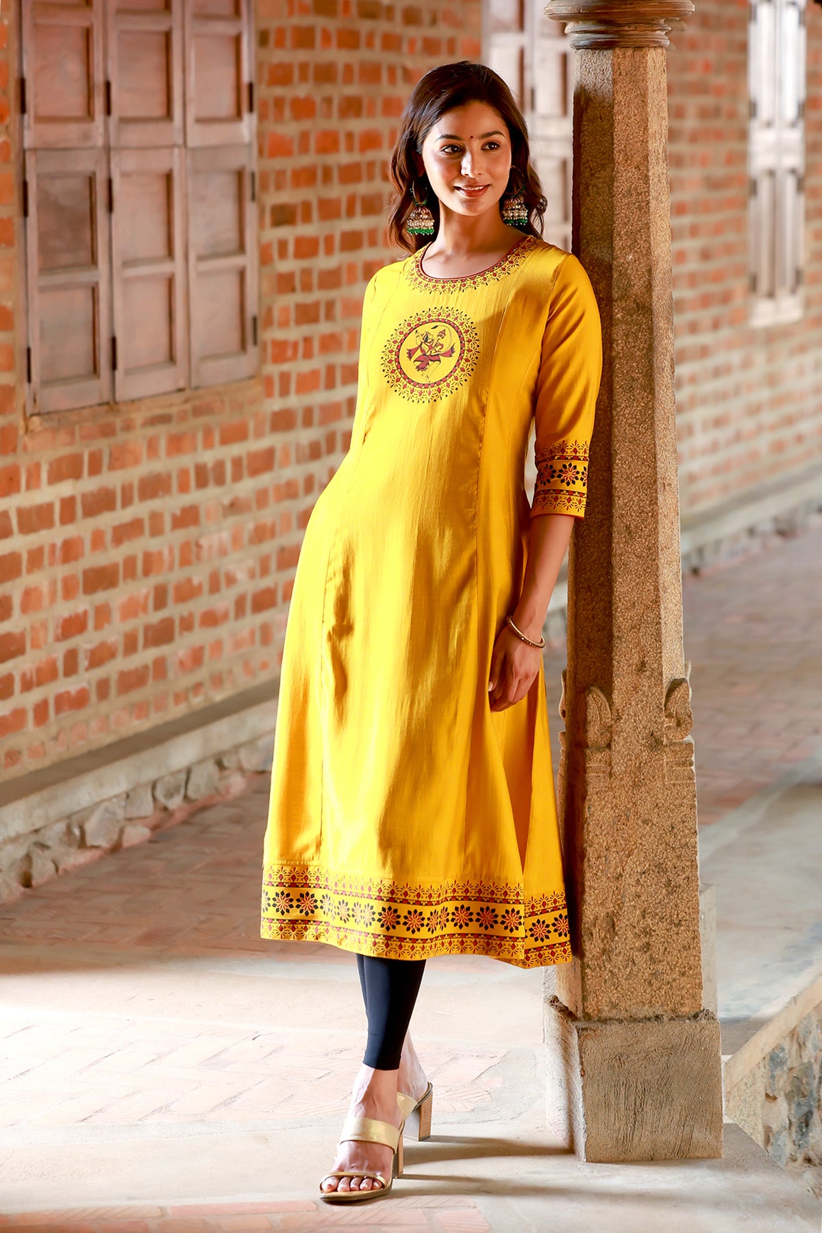 Hanuman Motif Printed With Mandala Printed Border A Line Kurta Yellow