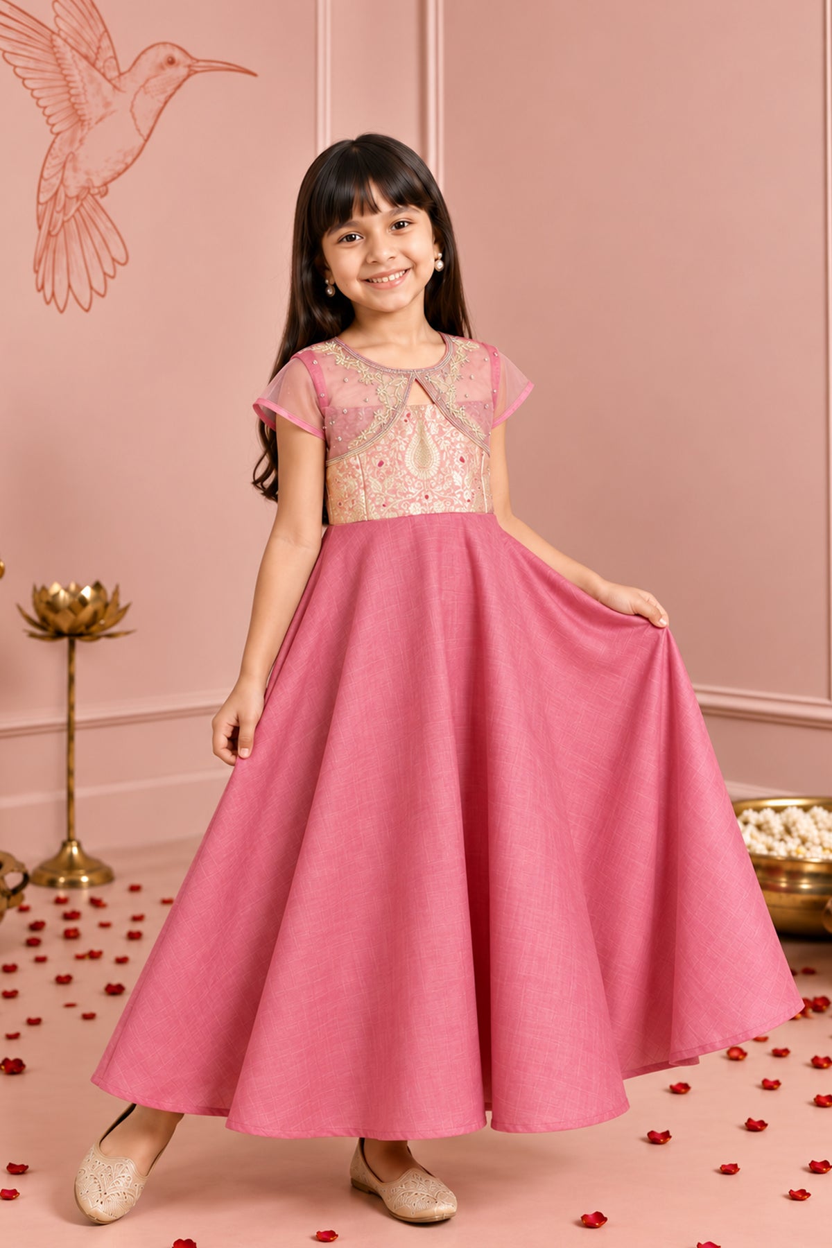 Pink Floral Brocade Kids Anarkali
