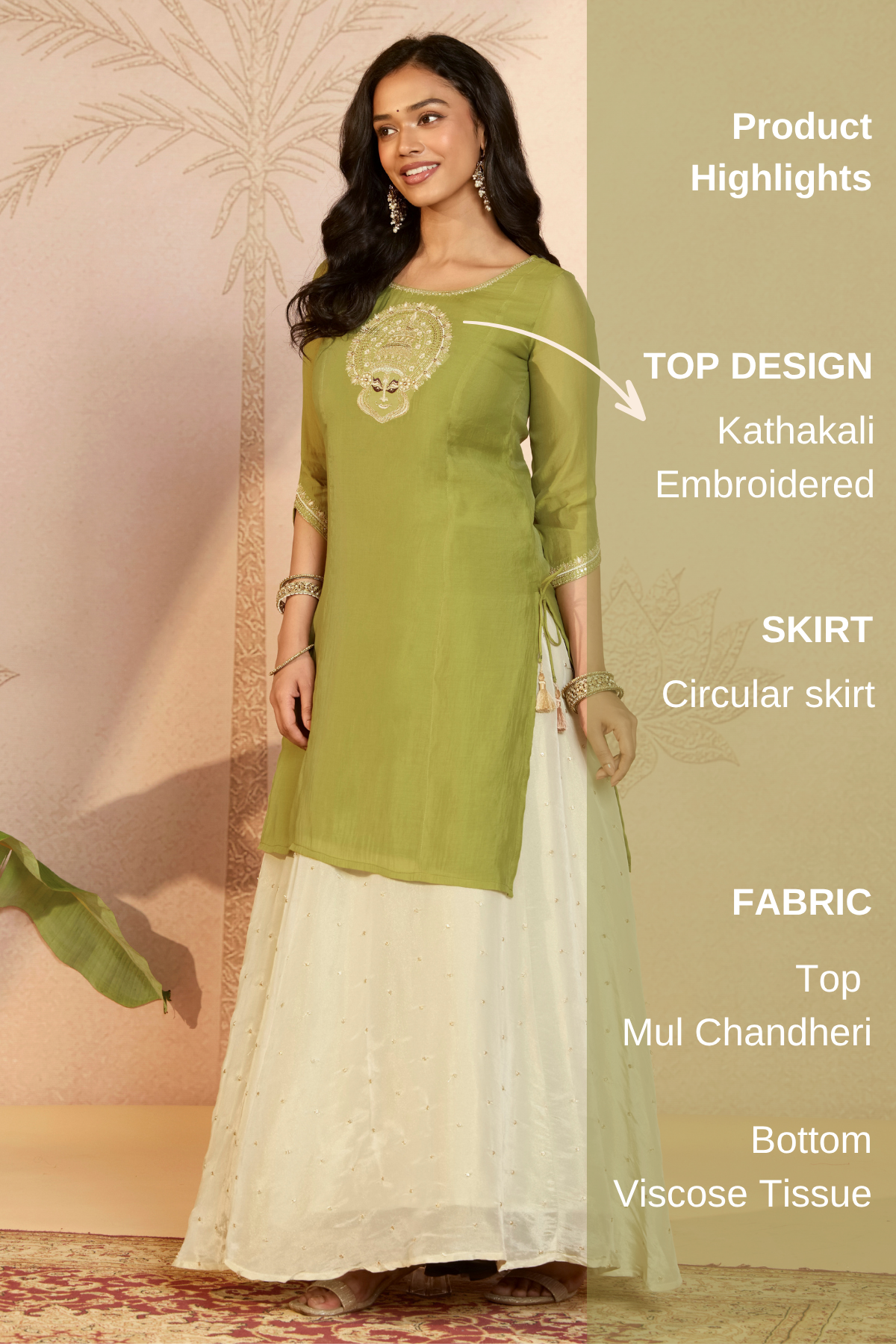 Light Green Kathakali Embroidered Skirt Set
