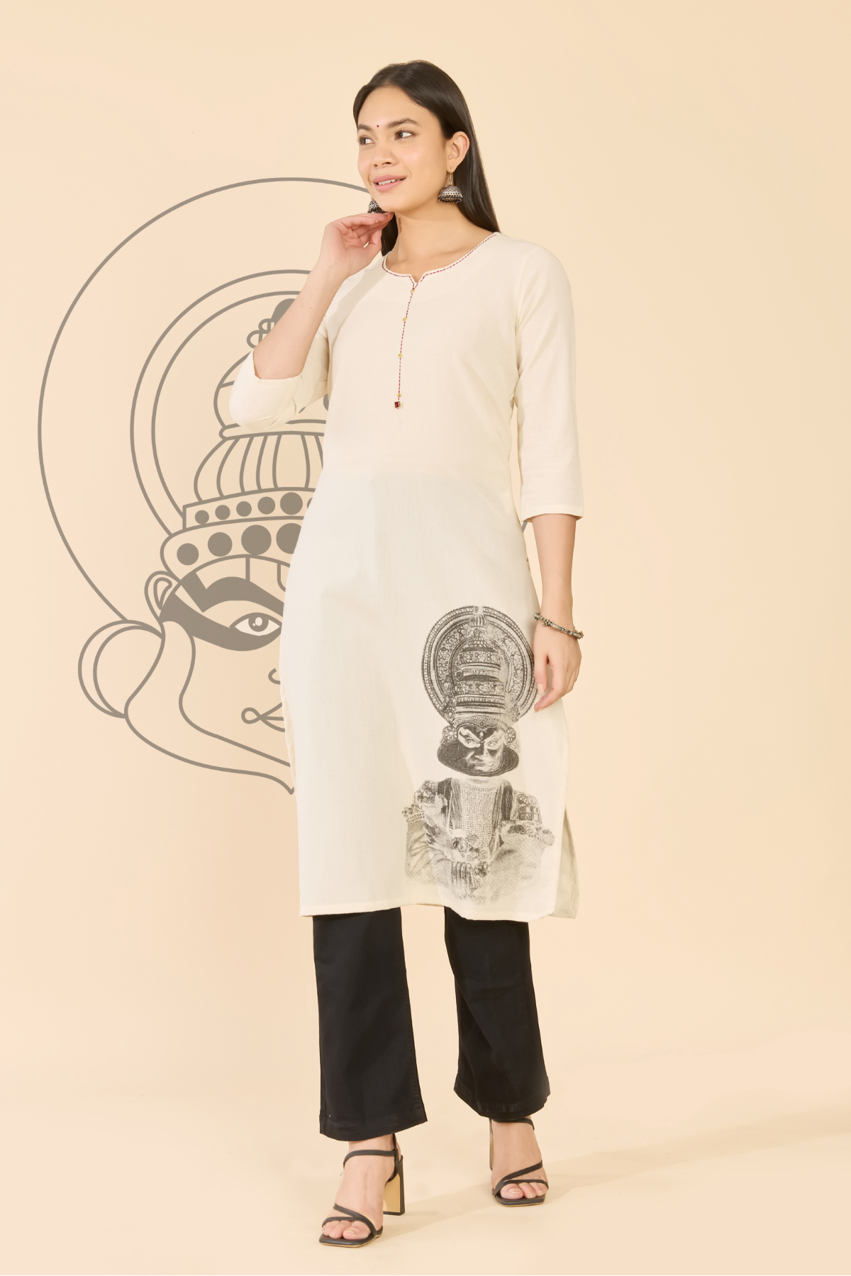 Off white Kathakali Print Straight Kurta