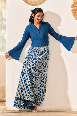 Indigo Blue Printed SKirtset with Full Sleeve Shirt