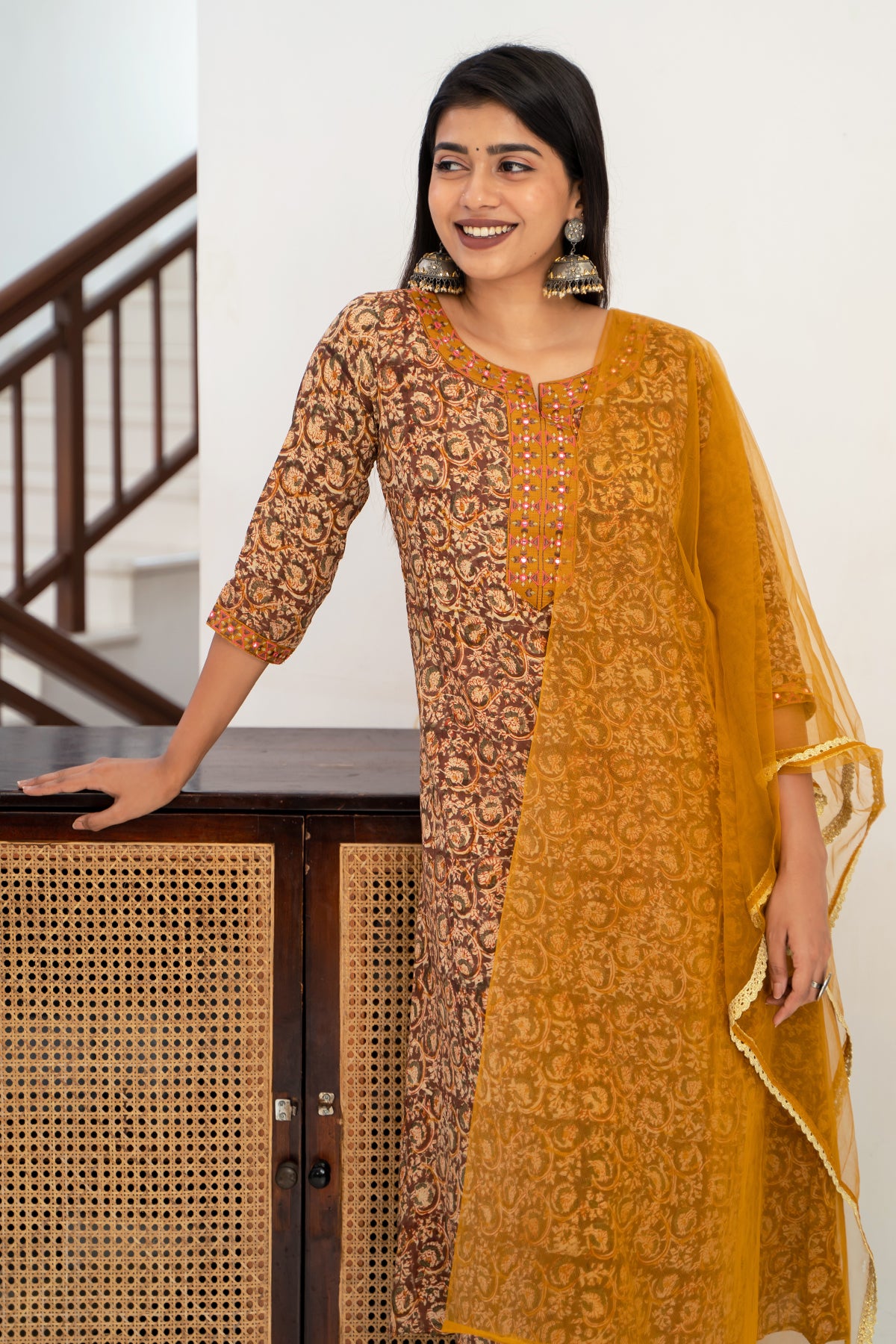 All Over Kalamkari Print Geometric Embroidered Kurta Set Mustard