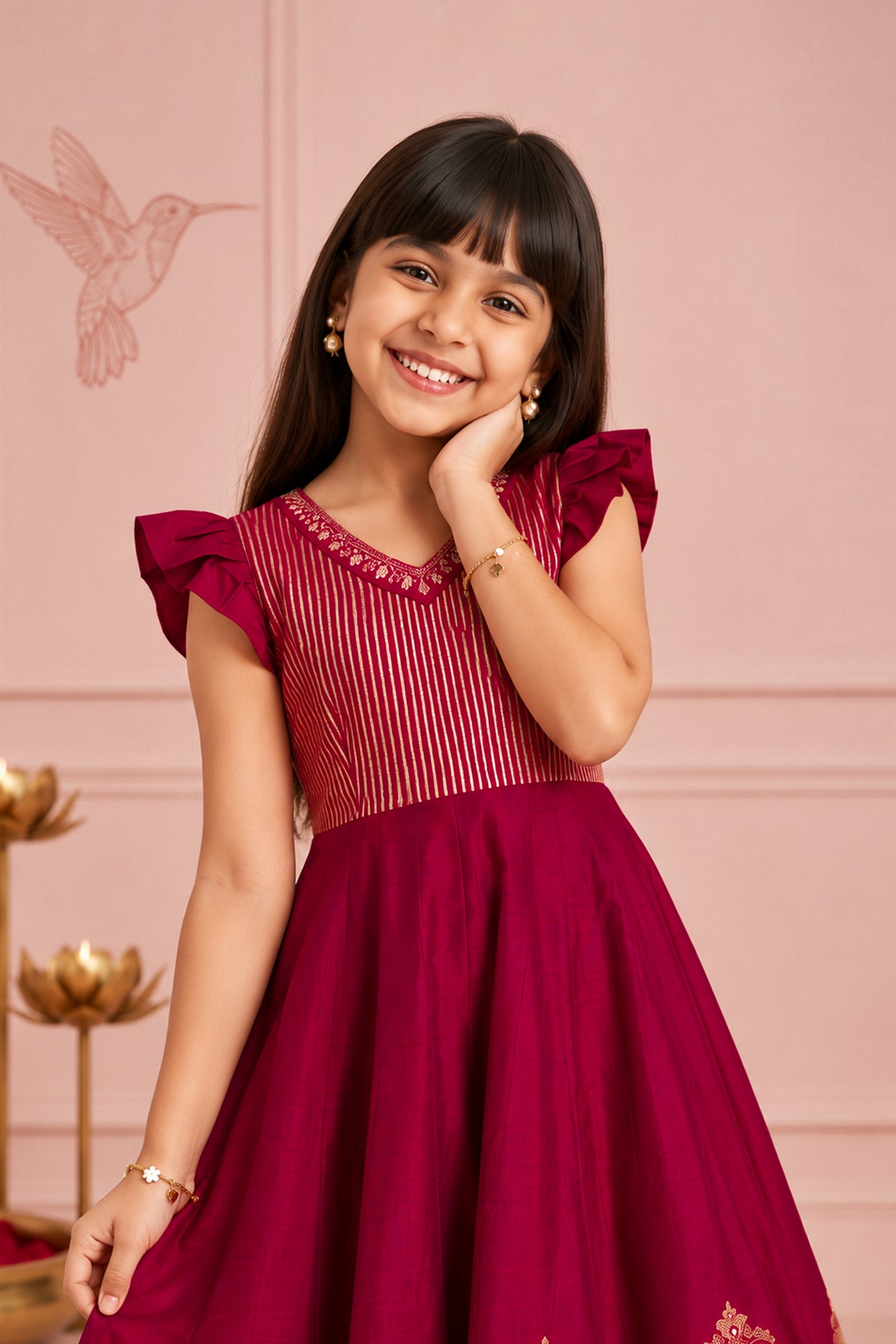 Festive Magenta Paisley & Floral Kids Anarkali