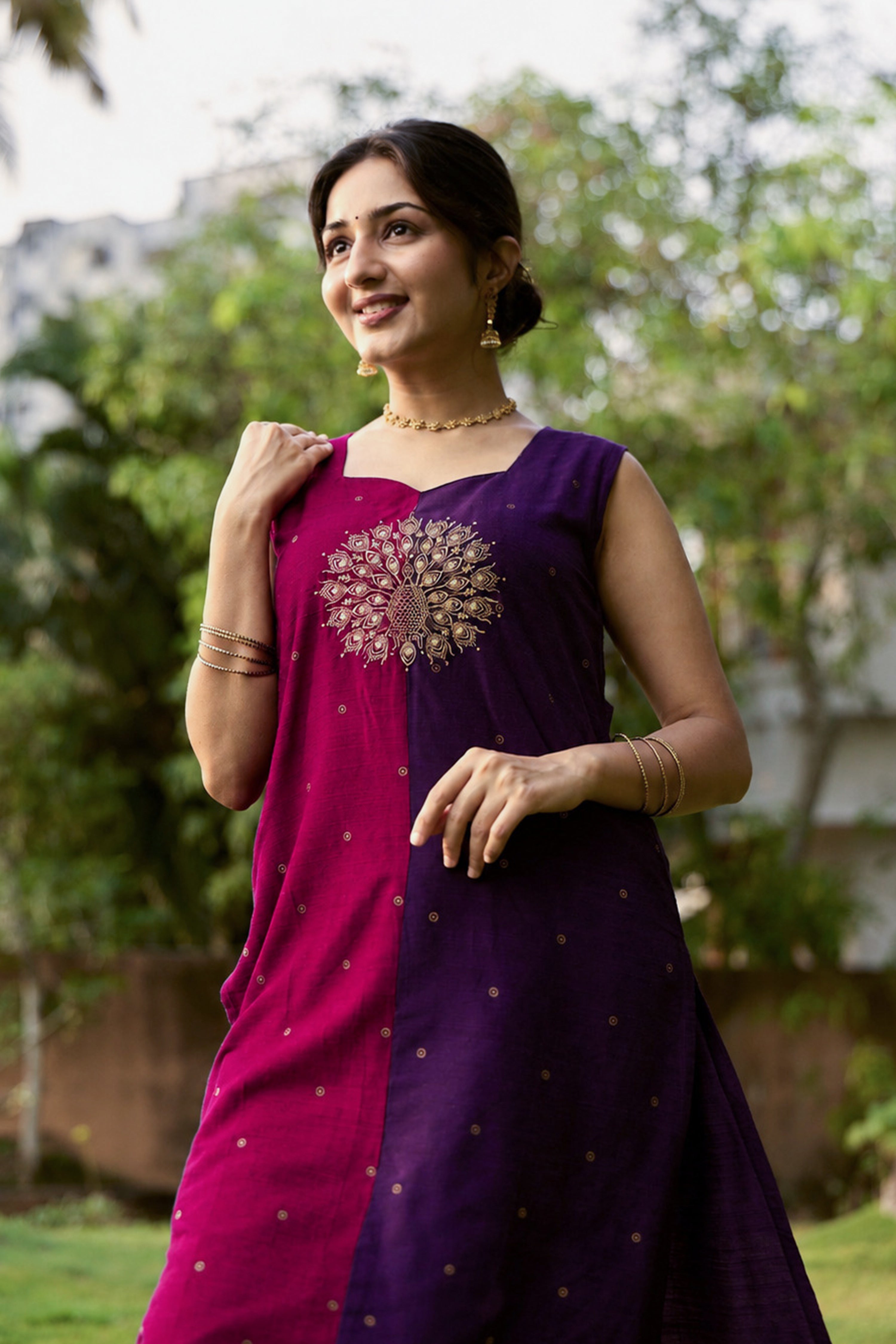 Purple Raw Silk Peacock Embroidered Kurta