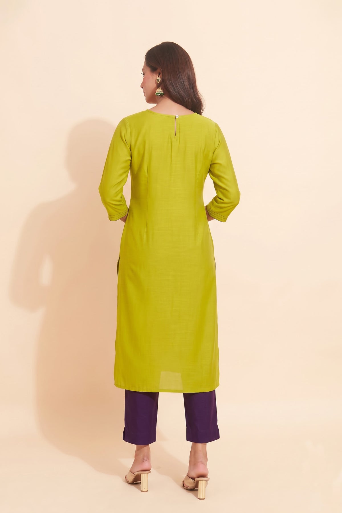Mustard Green Peacock Embroidery Straight Festive Kurta
