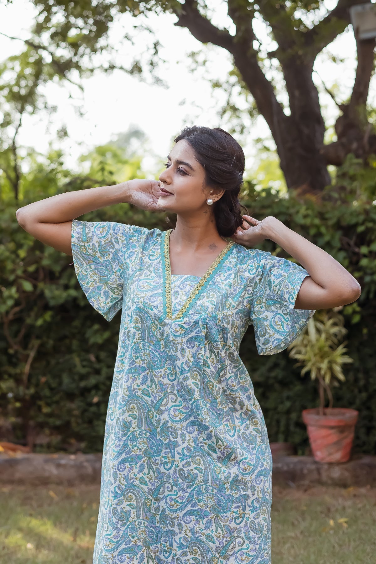 Paisley Printed Pastel Turquoise Nighty with Bell Sleeve