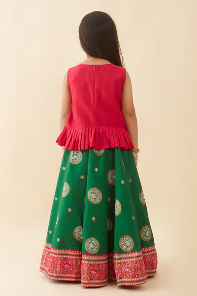 Contemporary Lotus Embroidered Printed Kids Skirt Set Pink Green